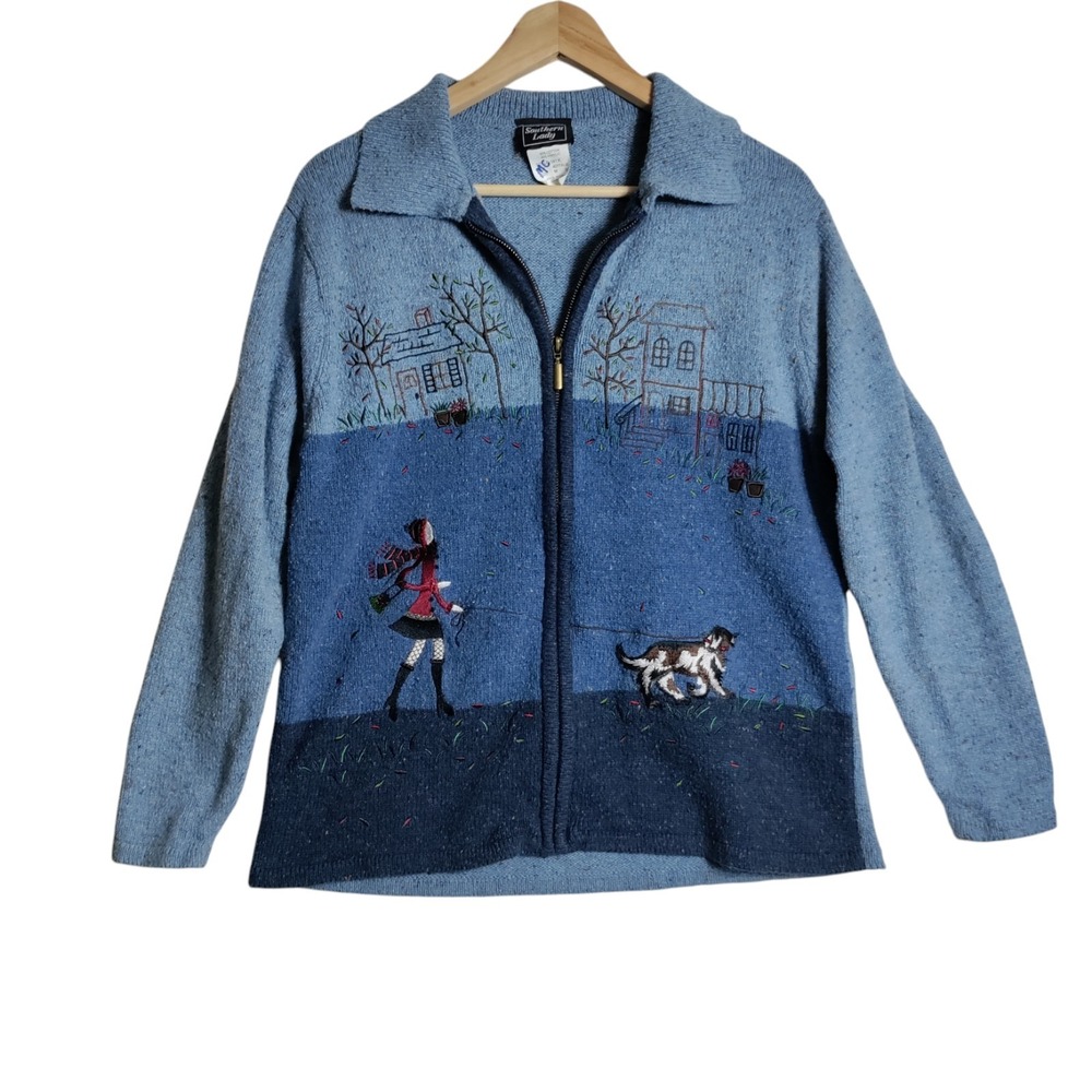 Vintage Southern Lady‎ Embroidered Lady Walking  Dog Full Zip Cardigan  Medium